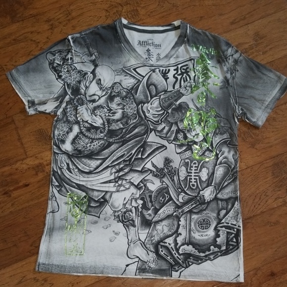 Men/'s Large L Affliction Live Fast Sport SS Shirt Gray Rise Above Graphic Tee